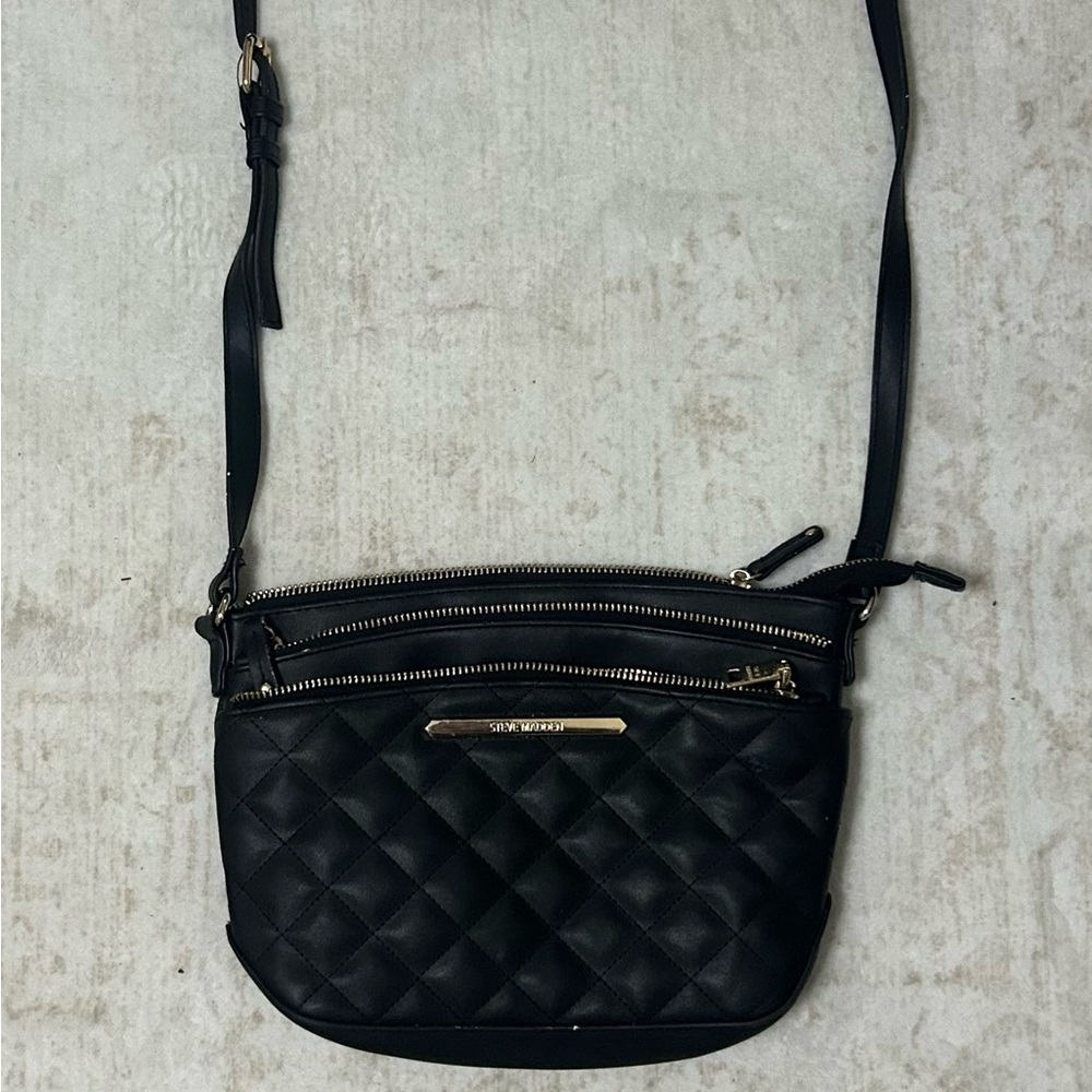 Steve Madden Black Quilted Crossbody with Gold Accents